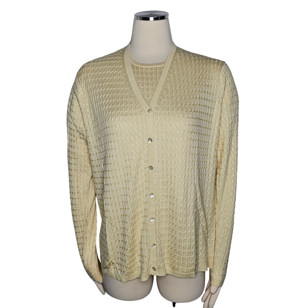 Evelyn & Arthur 100% Silk Twin Set Cardigan & Shell‎ Pale Yellow XL L Honeycomb